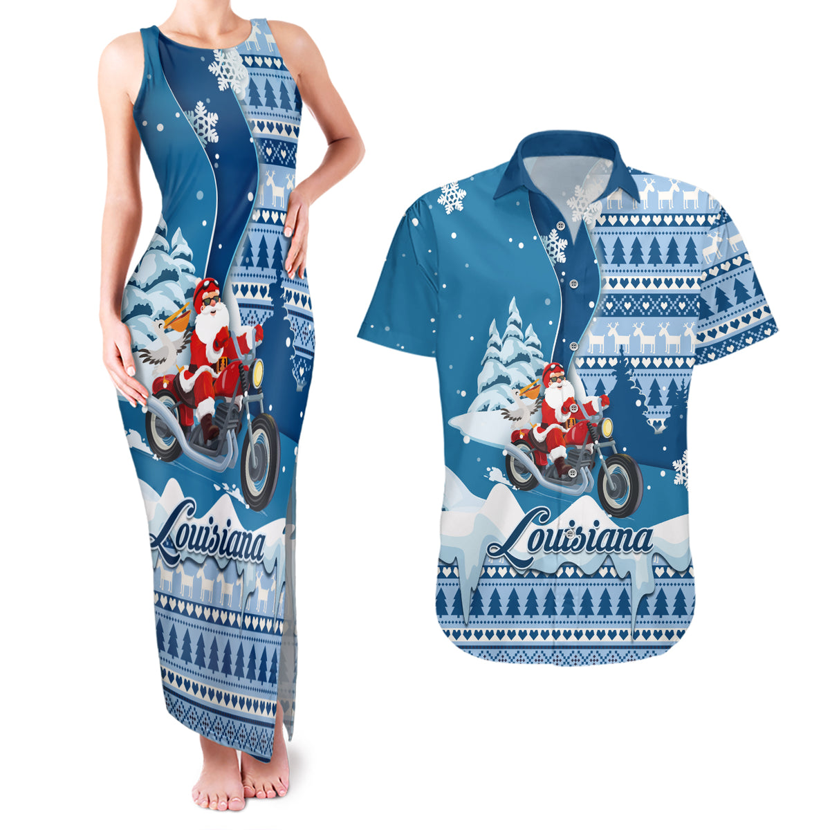 Custom Louisiana Christmas Couples Matching Tank Maxi Dress and Hawaiian Shirt Santa Claus Riding Motorcycle With Pelican - Wonder Print Shop