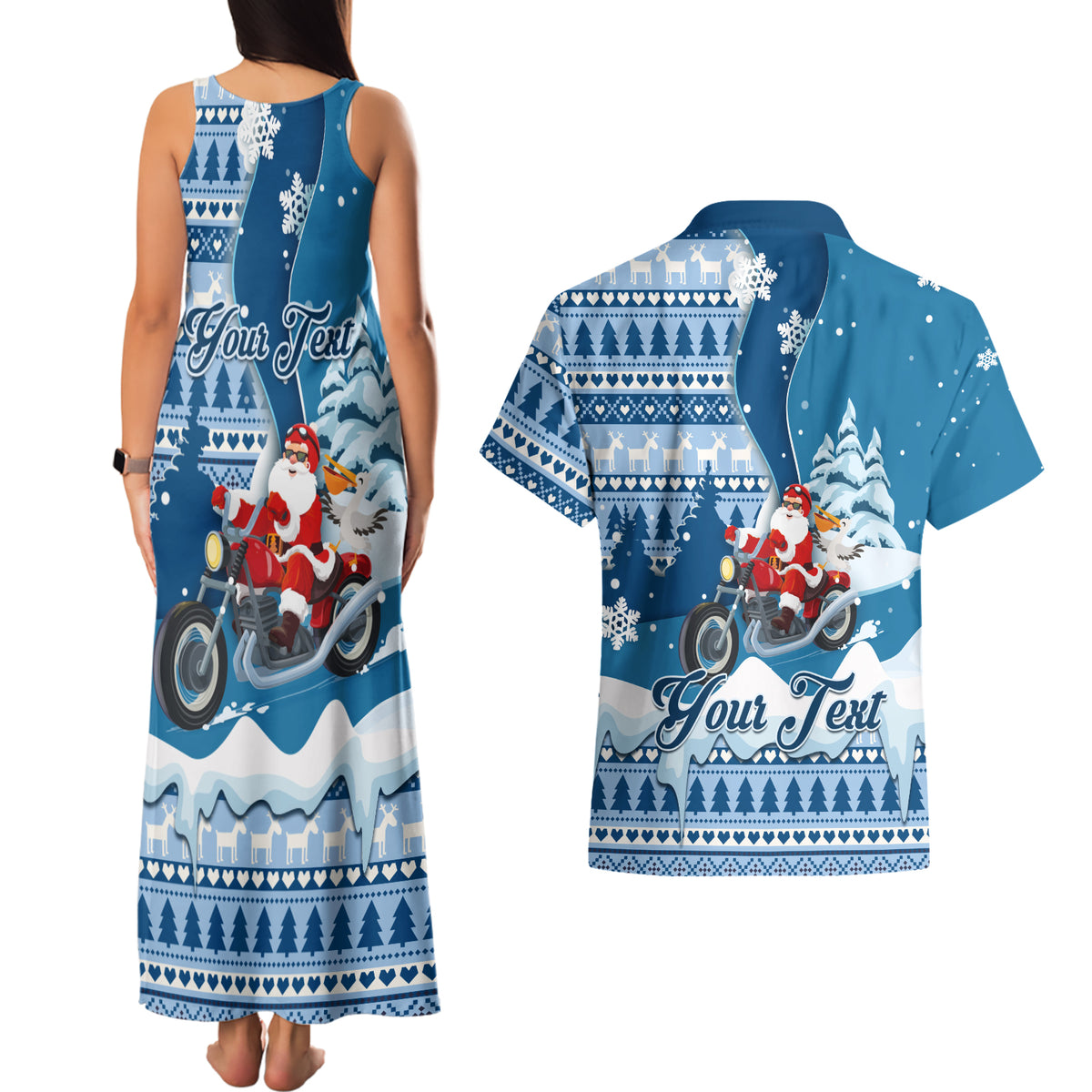 Custom Louisiana Christmas Couples Matching Tank Maxi Dress and Hawaiian Shirt Santa Claus Riding Motorcycle With Pelican - Wonder Print Shop