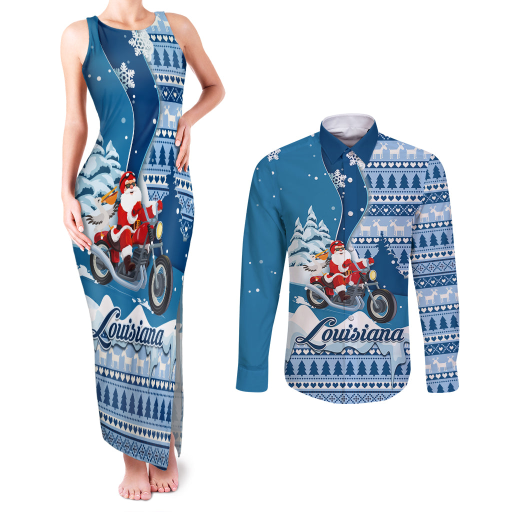 Custom Louisiana Christmas Couples Matching Tank Maxi Dress and Long Sleeve Button Shirt Santa Claus Riding Motorcycle With Pelican - Wonder Print Shop