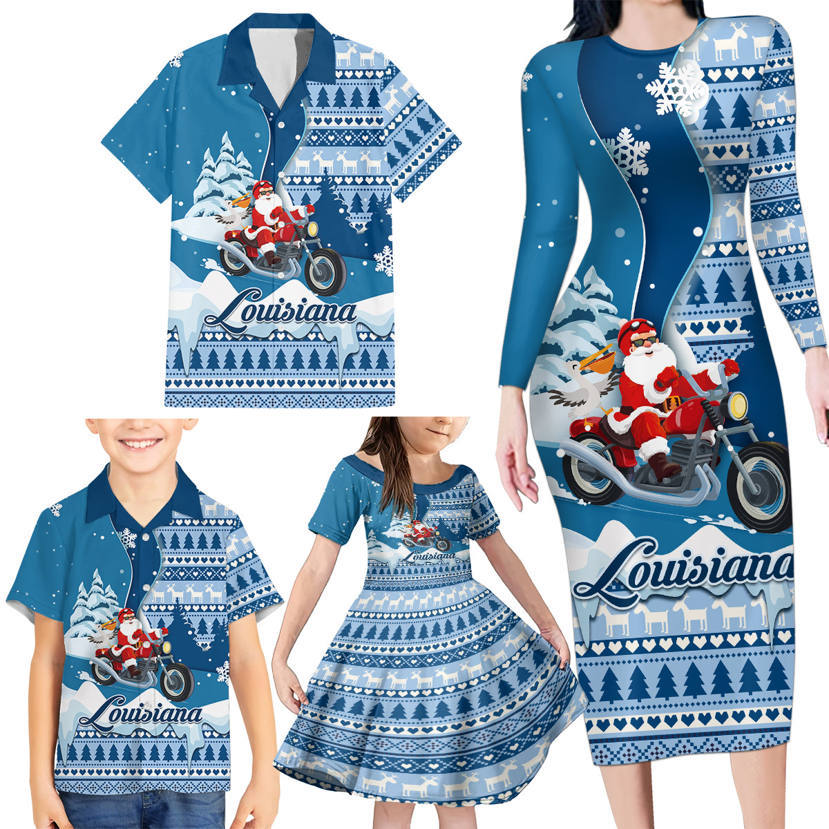 Custom Louisiana Christmas Family Matching Long Sleeve Bodycon Dress and Hawaiian Shirt Santa Claus Riding Motorcycle With Pelican - Wonder Print Shop
