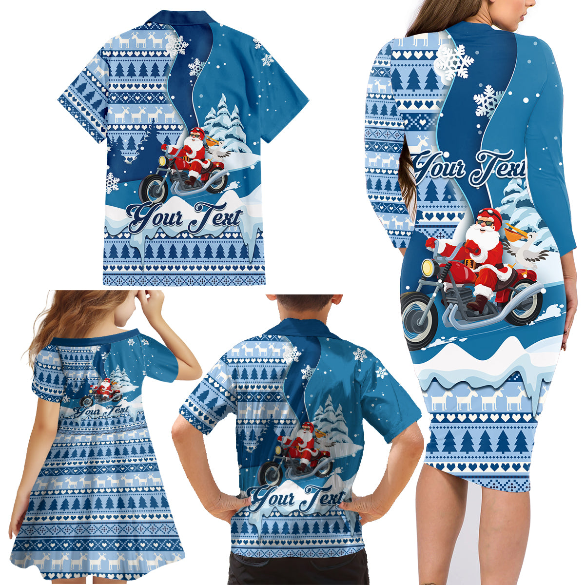 Custom Louisiana Christmas Family Matching Long Sleeve Bodycon Dress and Hawaiian Shirt Santa Claus Riding Motorcycle With Pelican - Wonder Print Shop