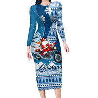 Custom Louisiana Christmas Family Matching Long Sleeve Bodycon Dress and Hawaiian Shirt Santa Claus Riding Motorcycle With Pelican - Wonder Print Shop