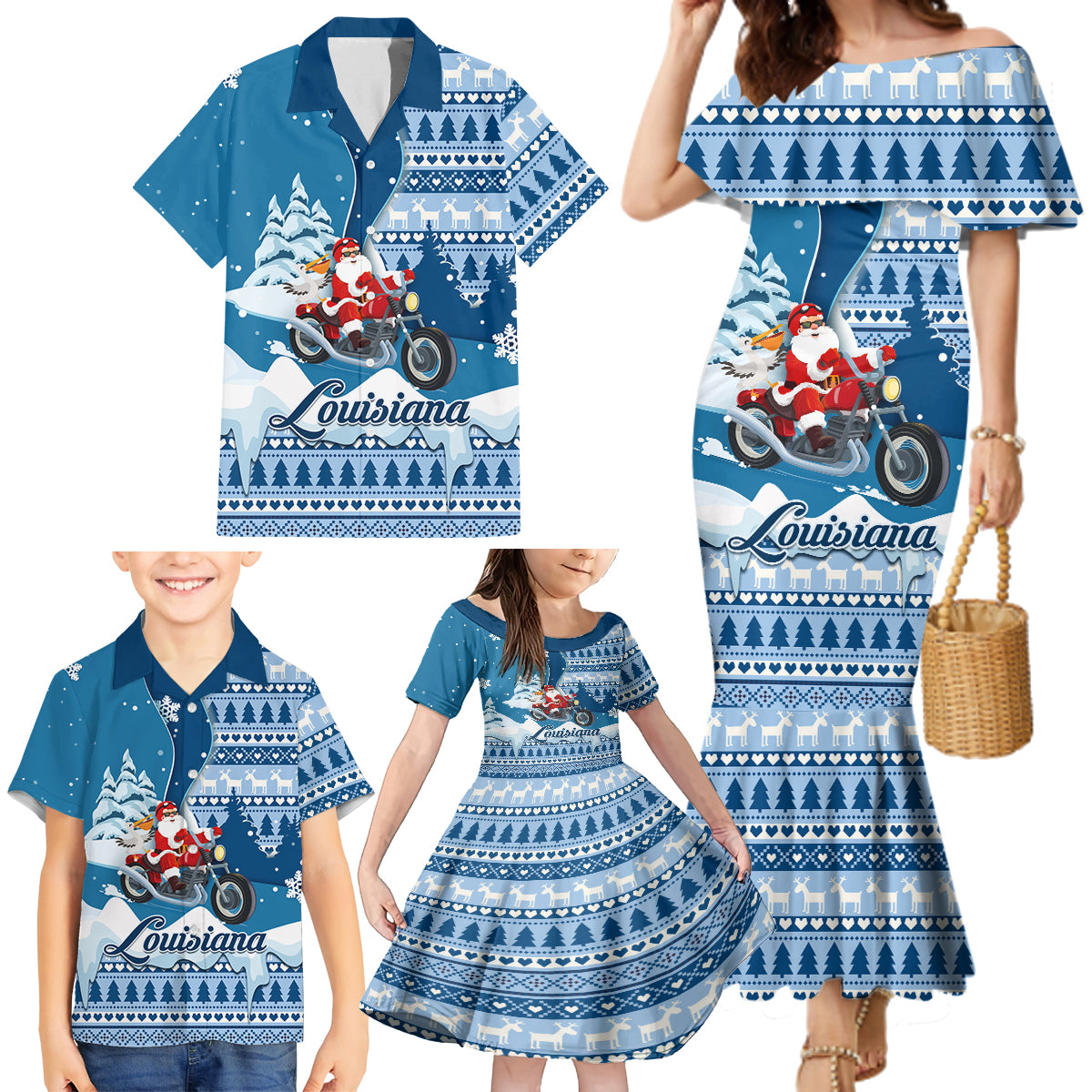 Custom Louisiana Christmas Family Matching Mermaid Dress and Hawaiian Shirt Santa Claus Riding Motorcycle With Pelican - Wonder Print Shop