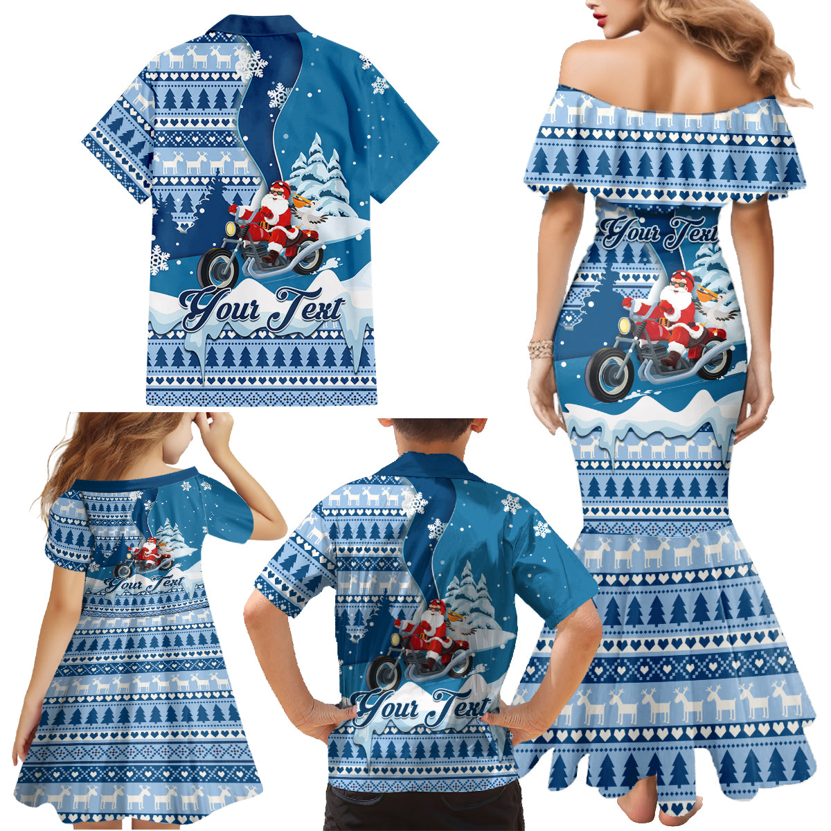Custom Louisiana Christmas Family Matching Mermaid Dress and Hawaiian Shirt Santa Claus Riding Motorcycle With Pelican - Wonder Print Shop