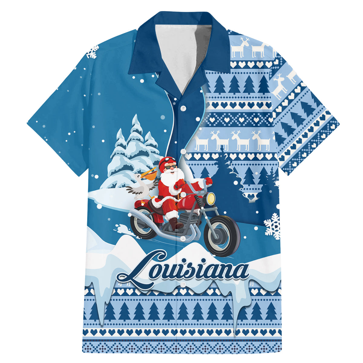 Custom Louisiana Christmas Family Matching Mermaid Dress and Hawaiian Shirt Santa Claus Riding Motorcycle With Pelican - Wonder Print Shop