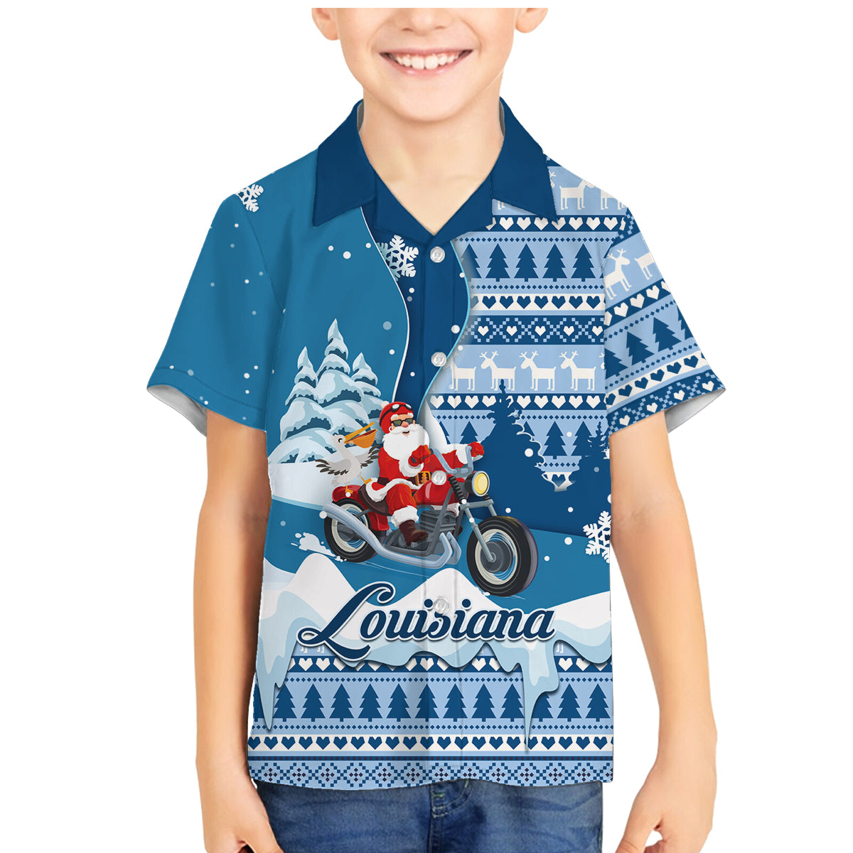 Custom Louisiana Christmas Family Matching Mermaid Dress and Hawaiian Shirt Santa Claus Riding Motorcycle With Pelican - Wonder Print Shop