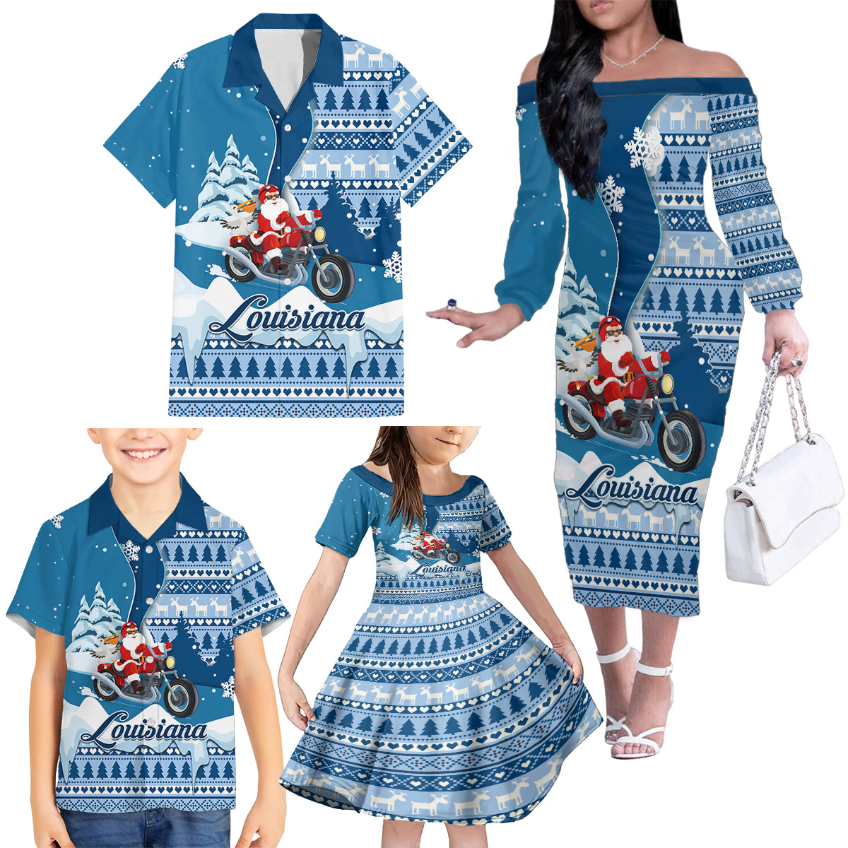 Custom Louisiana Christmas Family Matching Off Shoulder Long Sleeve Dress and Hawaiian Shirt Santa Claus Riding Motorcycle With Pelican - Wonder Print Shop