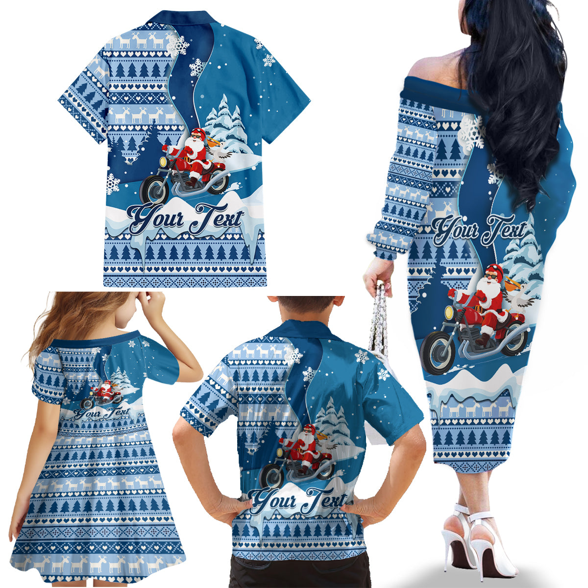 Custom Louisiana Christmas Family Matching Off Shoulder Long Sleeve Dress and Hawaiian Shirt Santa Claus Riding Motorcycle With Pelican - Wonder Print Shop