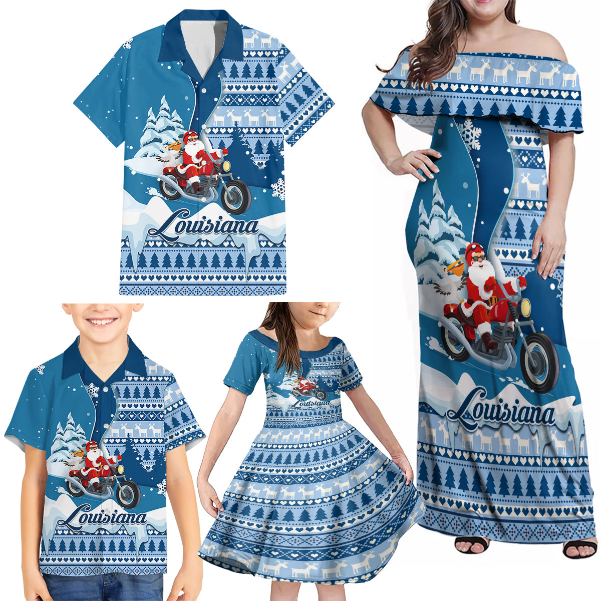 Custom Louisiana Christmas Family Matching Off Shoulder Maxi Dress and Hawaiian Shirt Santa Claus Riding Motorcycle With Pelican - Wonder Print Shop