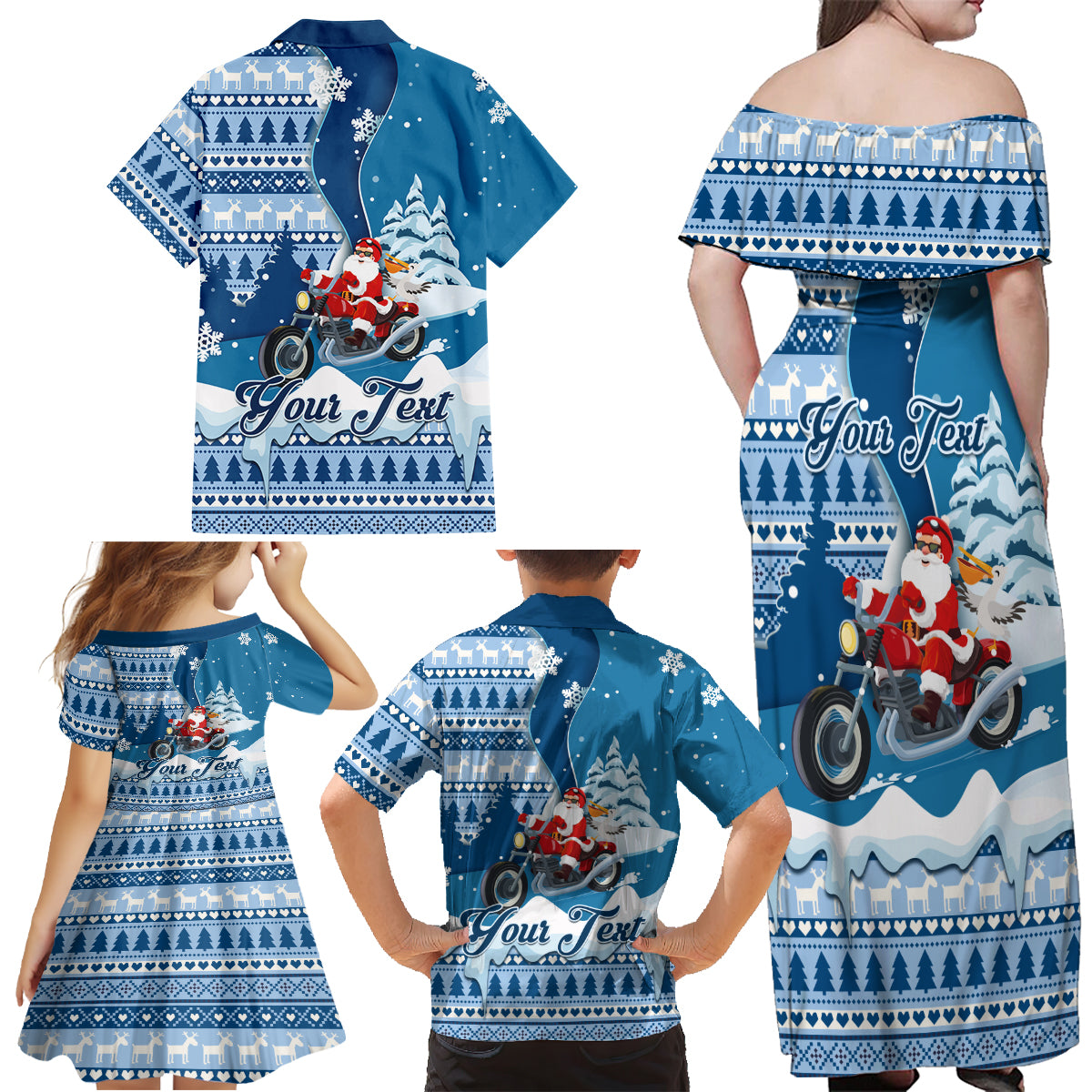 Custom Louisiana Christmas Family Matching Off Shoulder Maxi Dress and Hawaiian Shirt Santa Claus Riding Motorcycle With Pelican - Wonder Print Shop