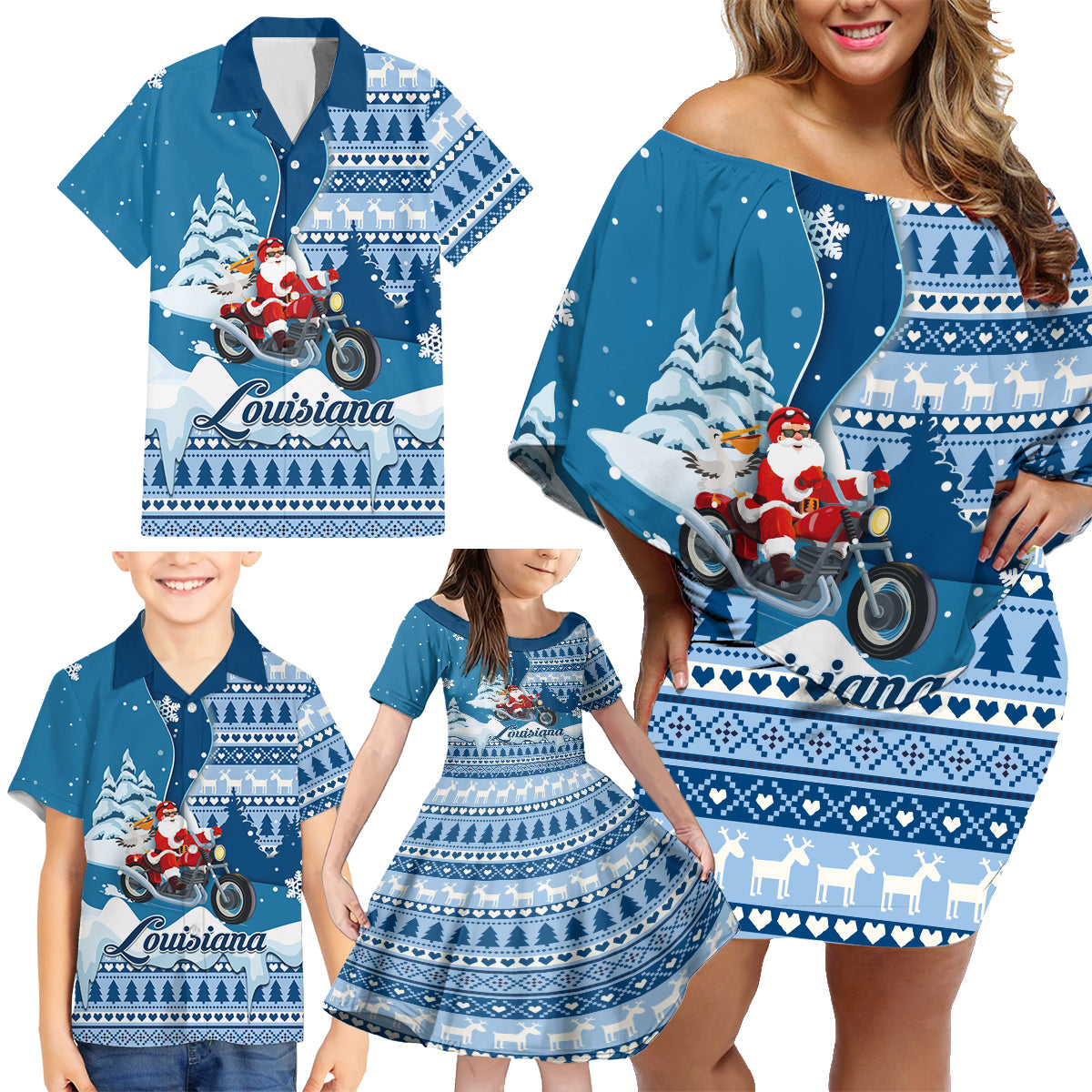 Custom Louisiana Christmas Family Matching Off Shoulder Short Dress and Hawaiian Shirt Santa Claus Riding Motorcycle With Pelican - Wonder Print Shop