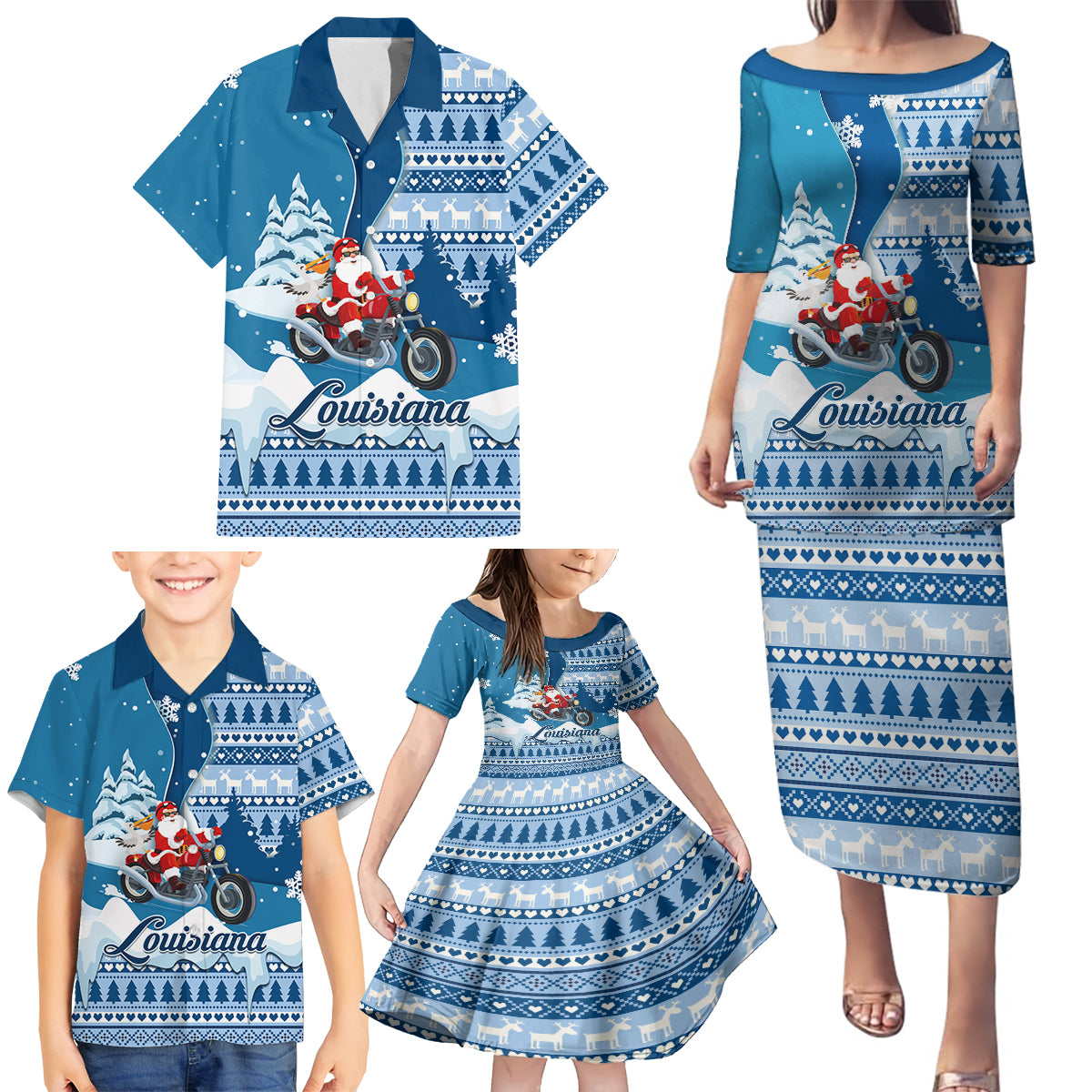 Custom Louisiana Christmas Family Matching Puletasi Dress and Hawaiian Shirt Santa Claus Riding Motorcycle With Pelican - Wonder Print Shop