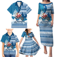 Custom Louisiana Christmas Family Matching Puletasi Dress and Hawaiian Shirt Santa Claus Riding Motorcycle With Pelican - Wonder Print Shop