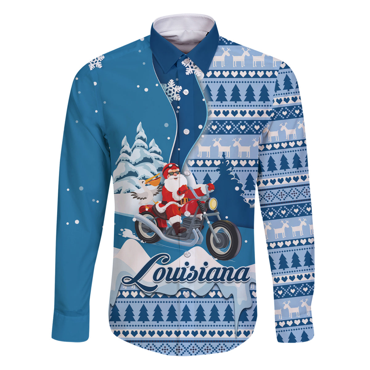 Custom Louisiana Christmas Family Matching Puletasi Dress and Hawaiian Shirt Santa Claus Riding Motorcycle With Pelican - Wonder Print Shop