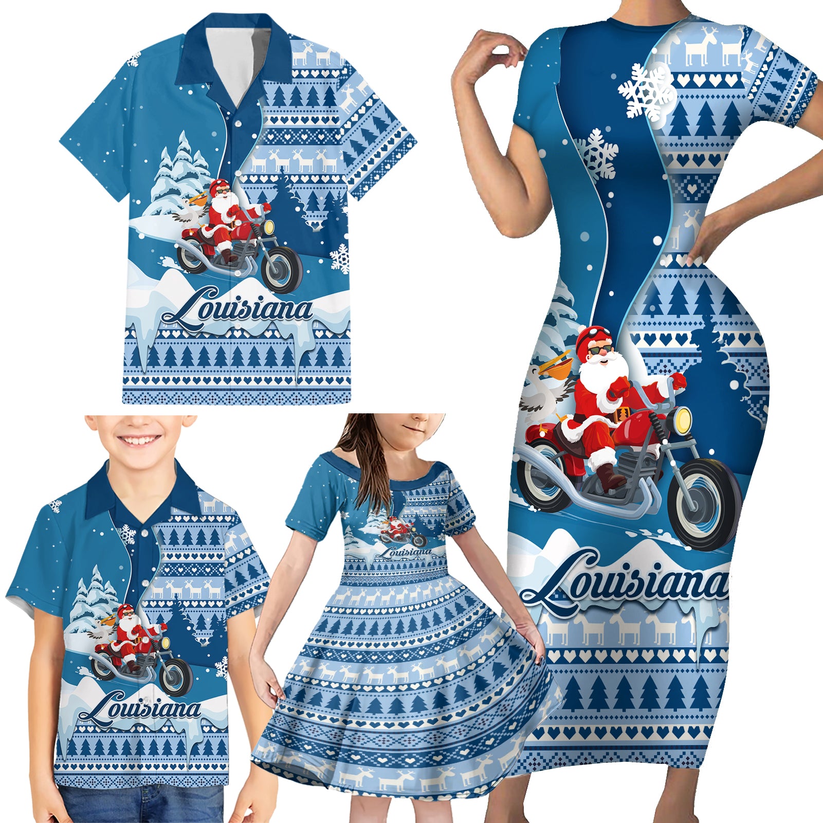 Custom Louisiana Christmas Family Matching Short Sleeve Bodycon Dress and Hawaiian Shirt Santa Claus Riding Motorcycle With Pelican - Wonder Print Shop