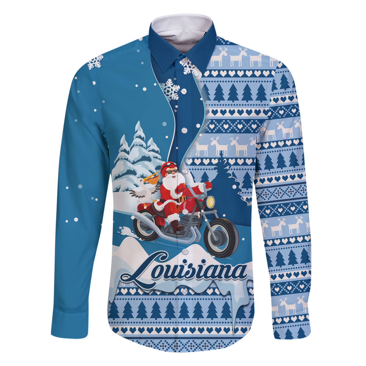 Custom Louisiana Christmas Family Matching Short Sleeve Bodycon Dress and Hawaiian Shirt Santa Claus Riding Motorcycle With Pelican - Wonder Print Shop