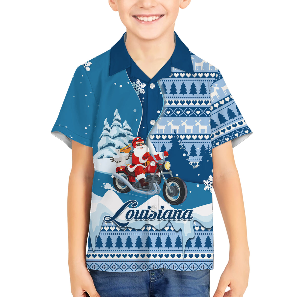 Custom Louisiana Christmas Family Matching Short Sleeve Bodycon Dress and Hawaiian Shirt Santa Claus Riding Motorcycle With Pelican - Wonder Print Shop
