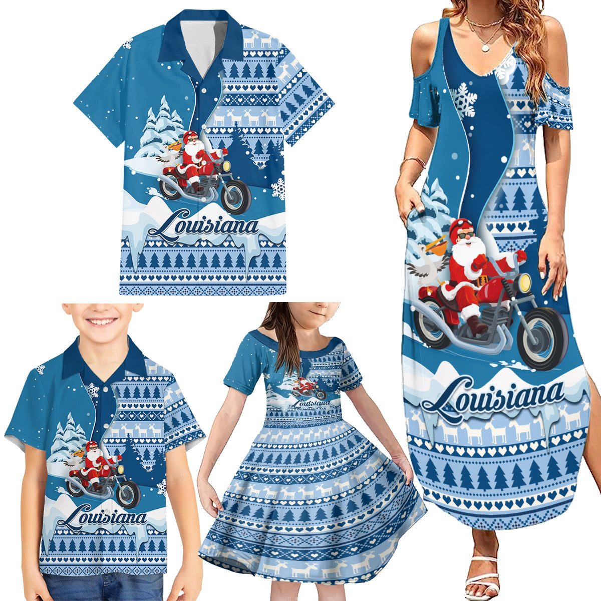 Custom Louisiana Christmas Family Matching Summer Maxi Dress and Hawaiian Shirt Santa Claus Riding Motorcycle With Pelican - Wonder Print Shop