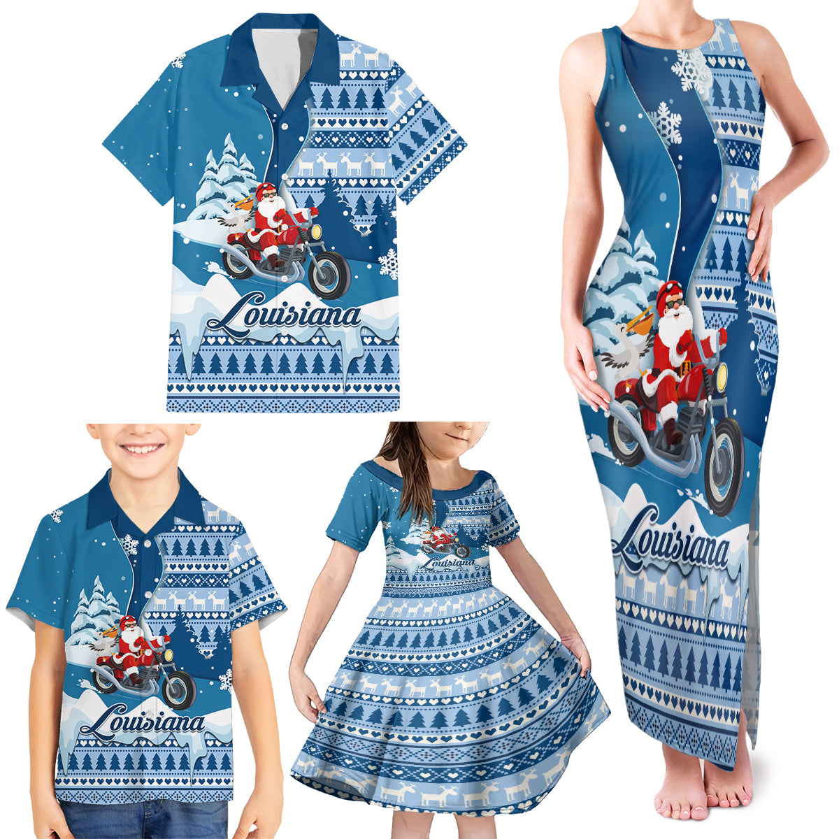 Custom Louisiana Christmas Family Matching Tank Maxi Dress and Hawaiian Shirt Santa Claus Riding Motorcycle With Pelican - Wonder Print Shop