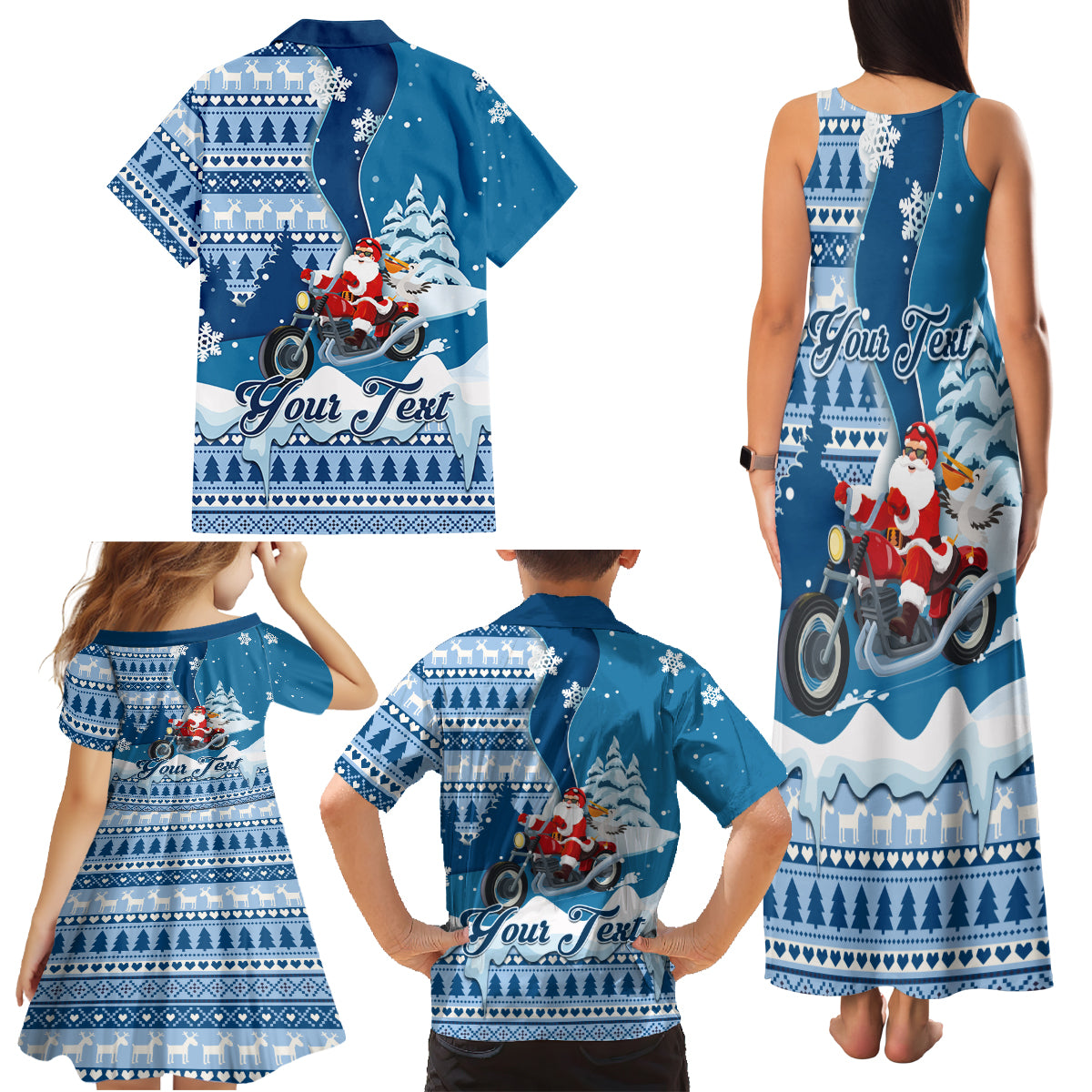 Custom Louisiana Christmas Family Matching Tank Maxi Dress and Hawaiian Shirt Santa Claus Riding Motorcycle With Pelican - Wonder Print Shop