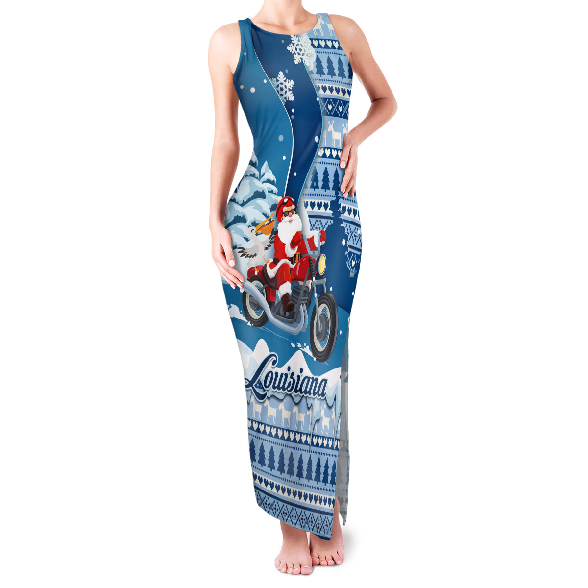 Custom Louisiana Christmas Family Matching Tank Maxi Dress and Hawaiian Shirt Santa Claus Riding Motorcycle With Pelican - Wonder Print Shop