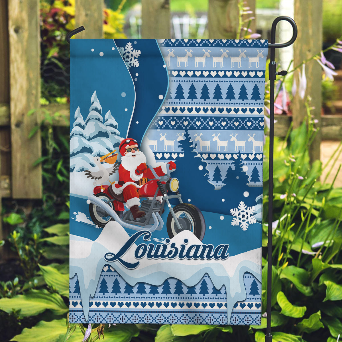Custom Louisiana Christmas Garden Flag Santa Claus Riding Motorcycle With Pelican - Wonder Print Shop