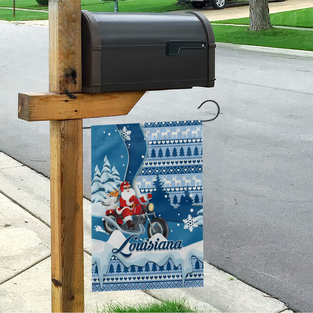 Custom Louisiana Christmas Garden Flag Santa Claus Riding Motorcycle With Pelican - Wonder Print Shop