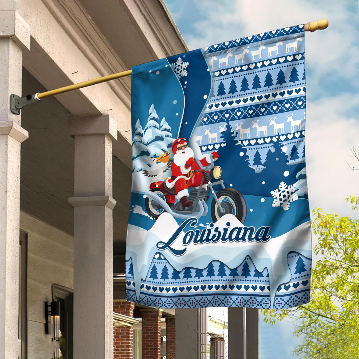 Custom Louisiana Christmas Garden Flag Santa Claus Riding Motorcycle With Pelican - Wonder Print Shop