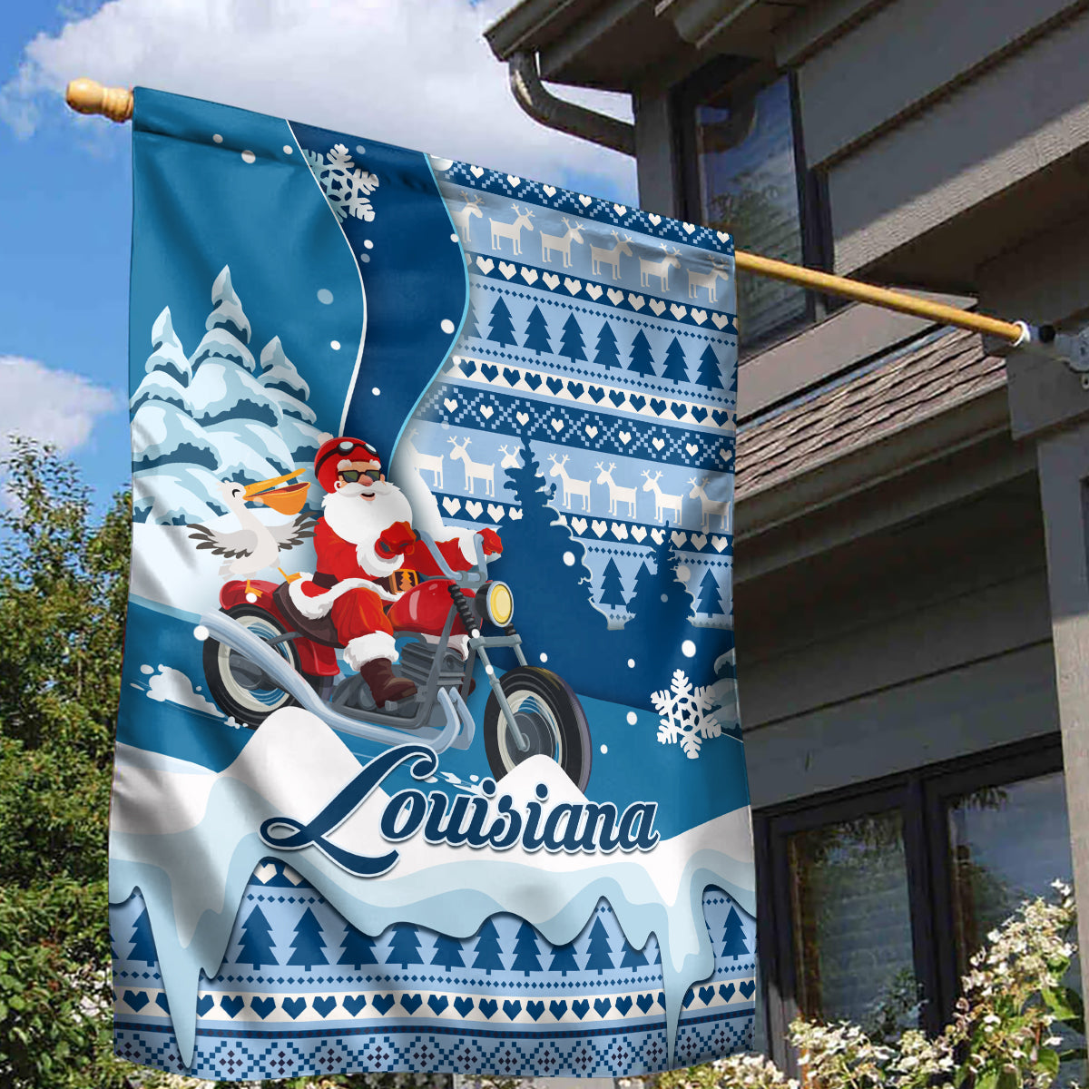 Custom Louisiana Christmas Garden Flag Santa Claus Riding Motorcycle With Pelican - Wonder Print Shop