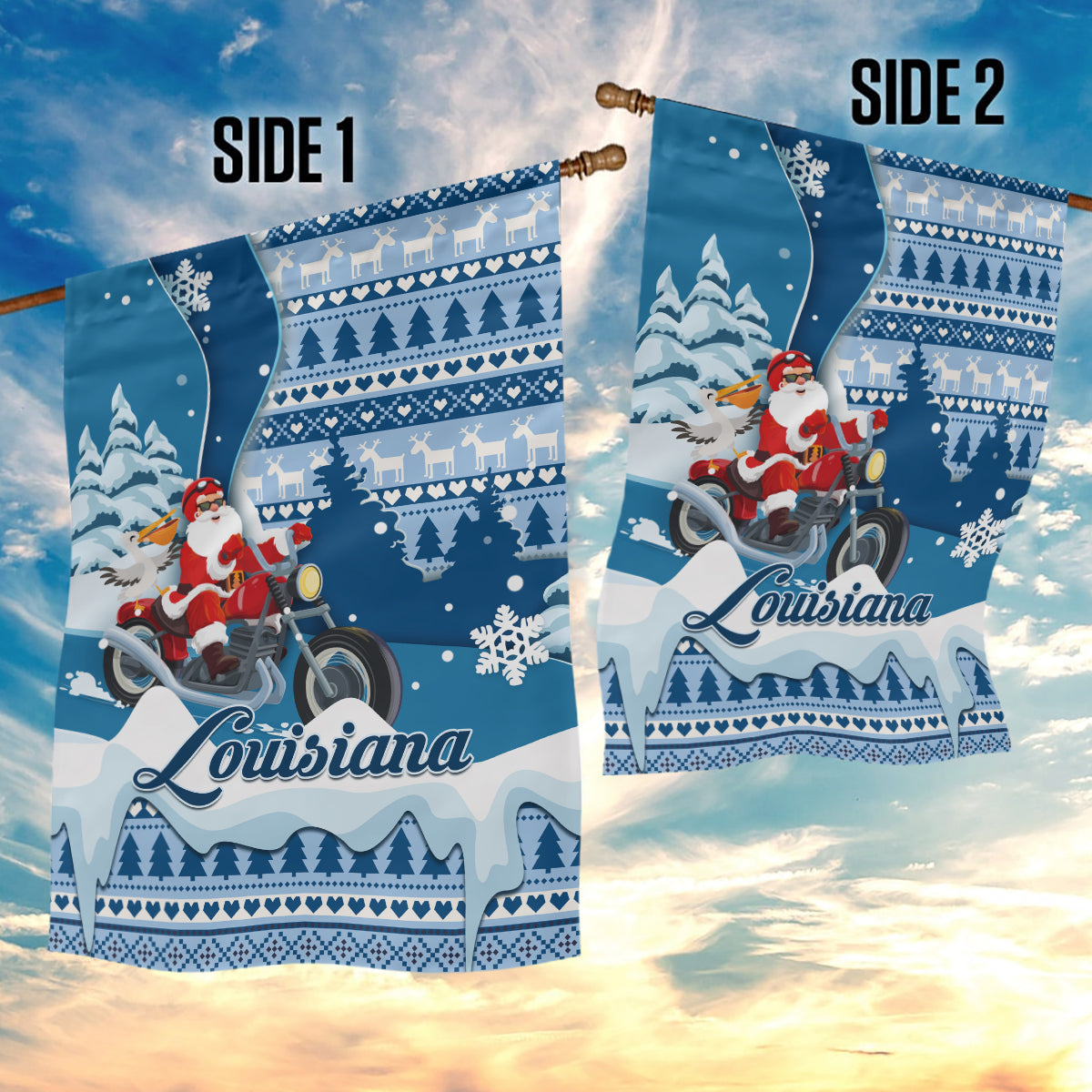 Custom Louisiana Christmas Garden Flag Santa Claus Riding Motorcycle With Pelican - Wonder Print Shop