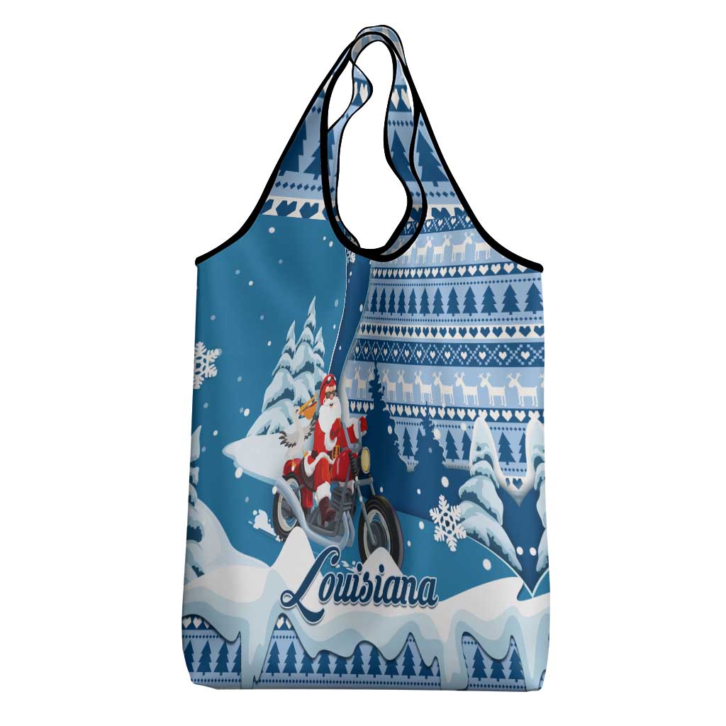 Custom Louisiana Christmas Grocery Bag Santa Claus Riding Motorcycle With Pelican