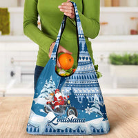 Custom Louisiana Christmas Grocery Bag Santa Claus Riding Motorcycle With Pelican