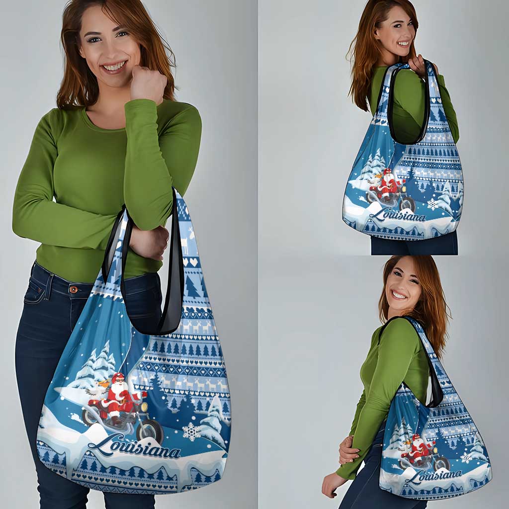 Custom Louisiana Christmas Grocery Bag Santa Claus Riding Motorcycle With Pelican