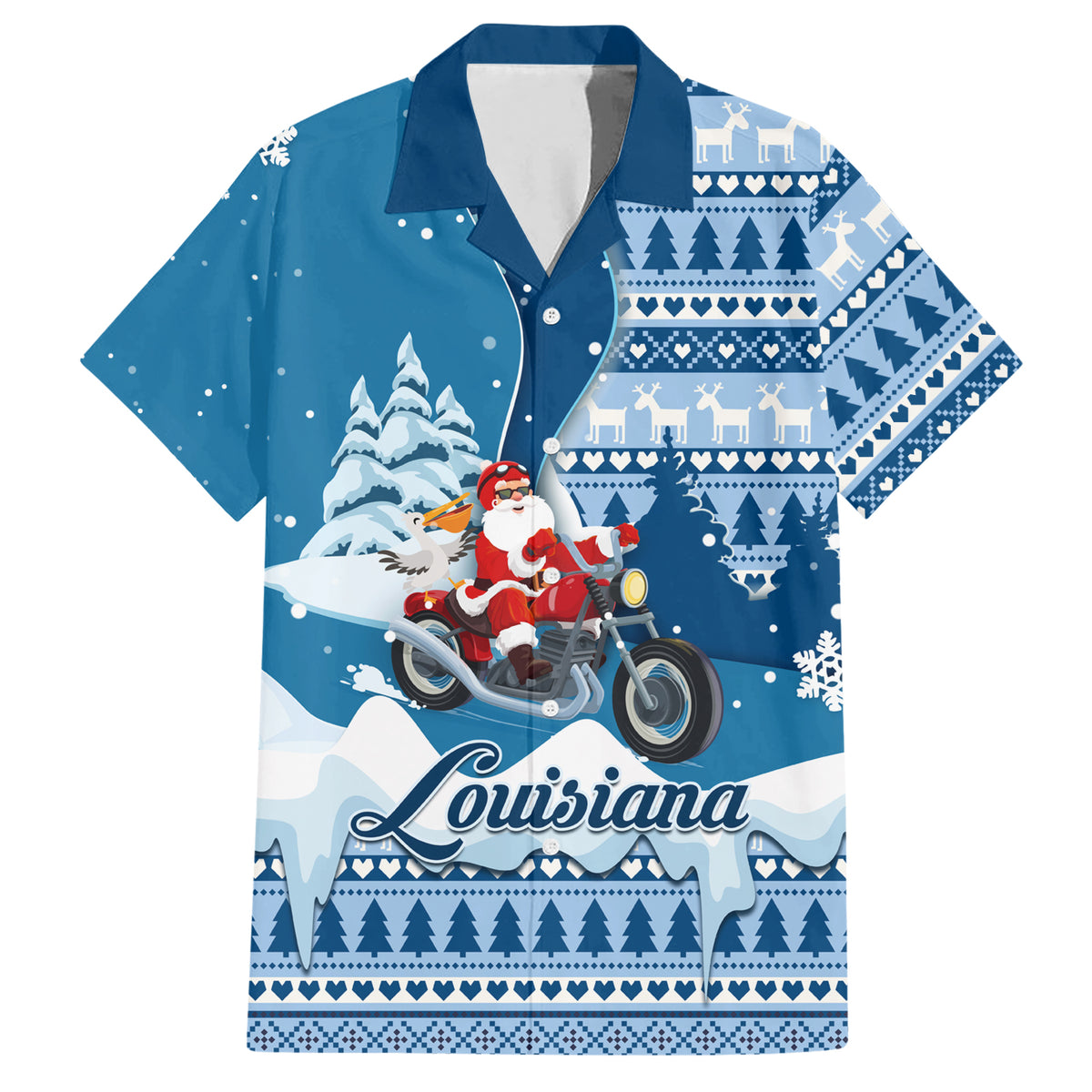 Custom Louisiana Christmas Hawaiian Shirt Santa Claus Riding Motorcycle With Pelican - Wonder Print Shop