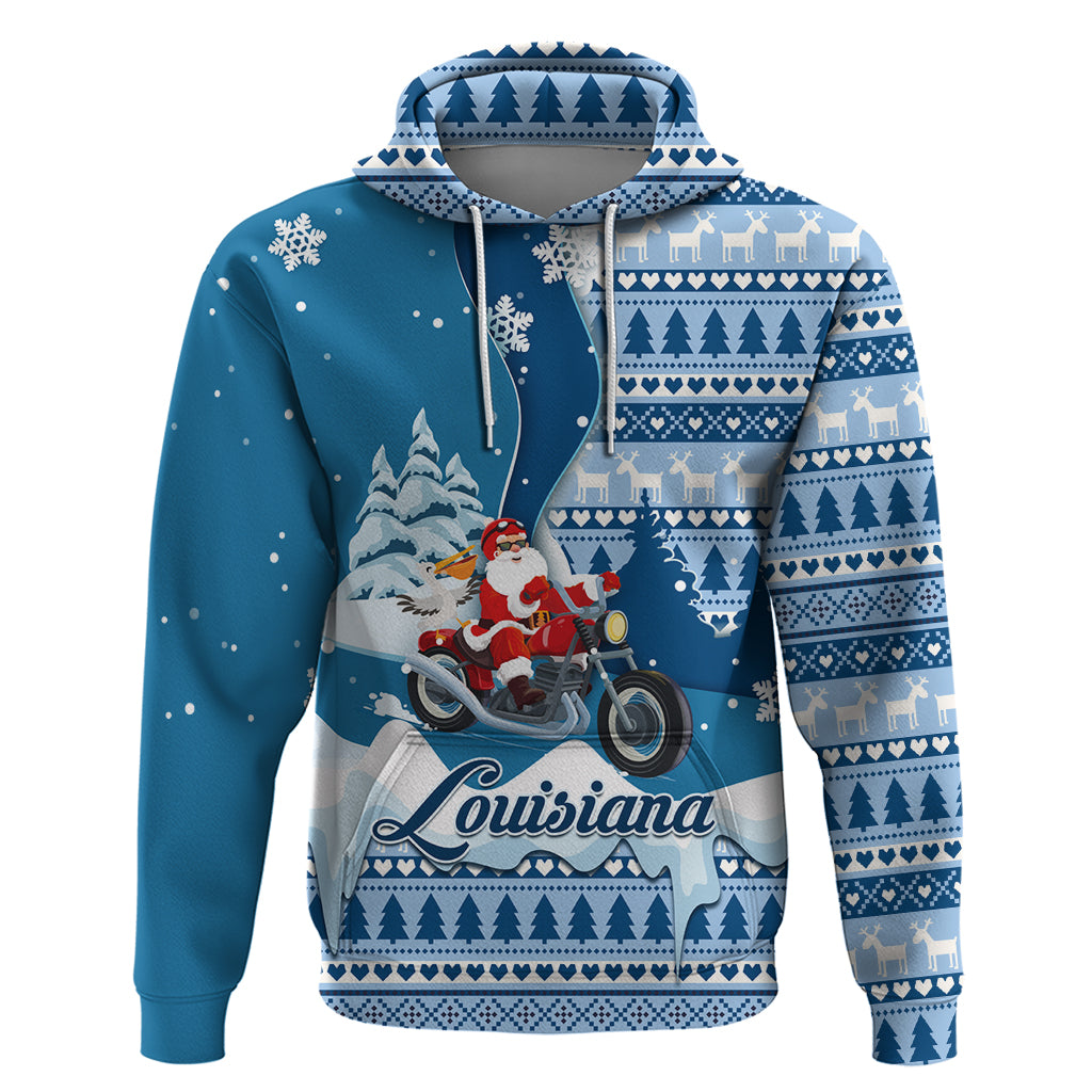 Custom Louisiana Christmas Hoodie Santa Claus Riding Motorcycle With Pelican - Wonder Print Shop