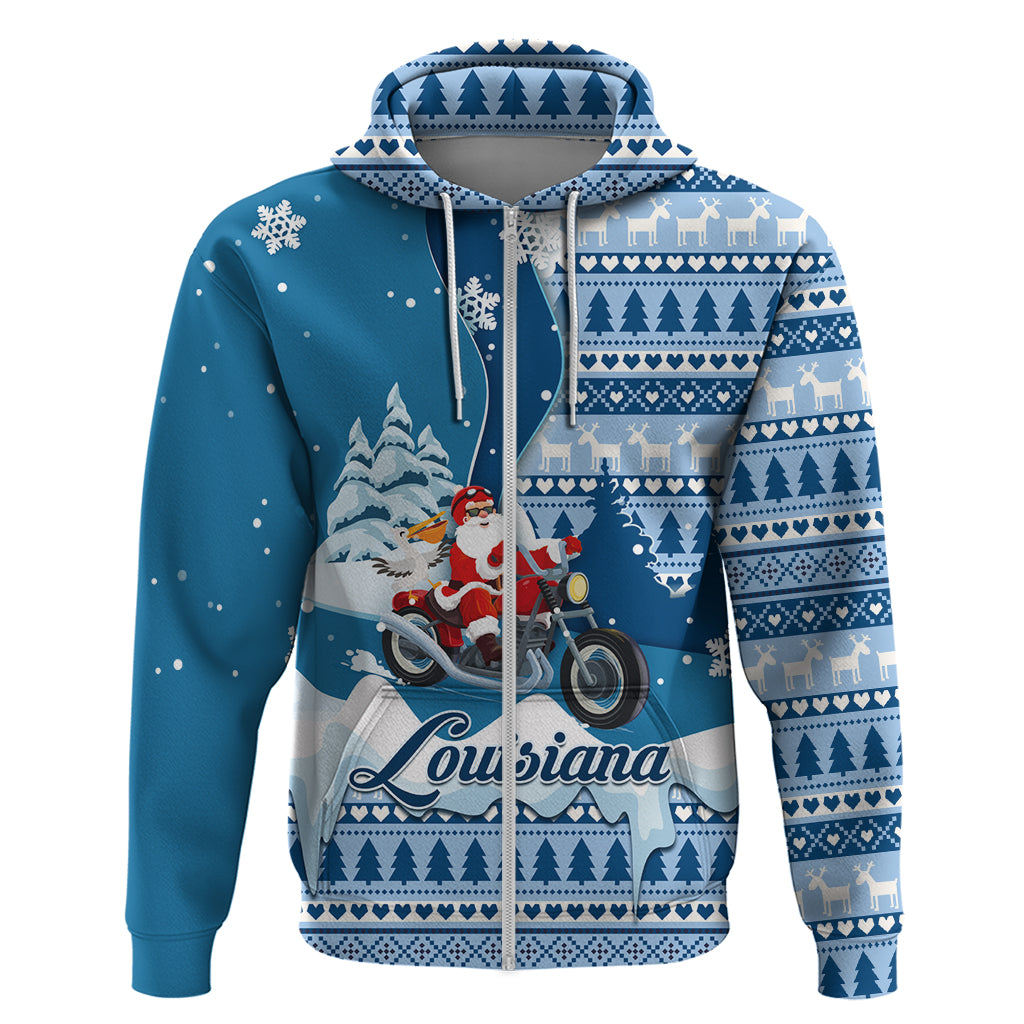 Custom Louisiana Christmas Hoodie Santa Claus Riding Motorcycle With Pelican - Wonder Print Shop