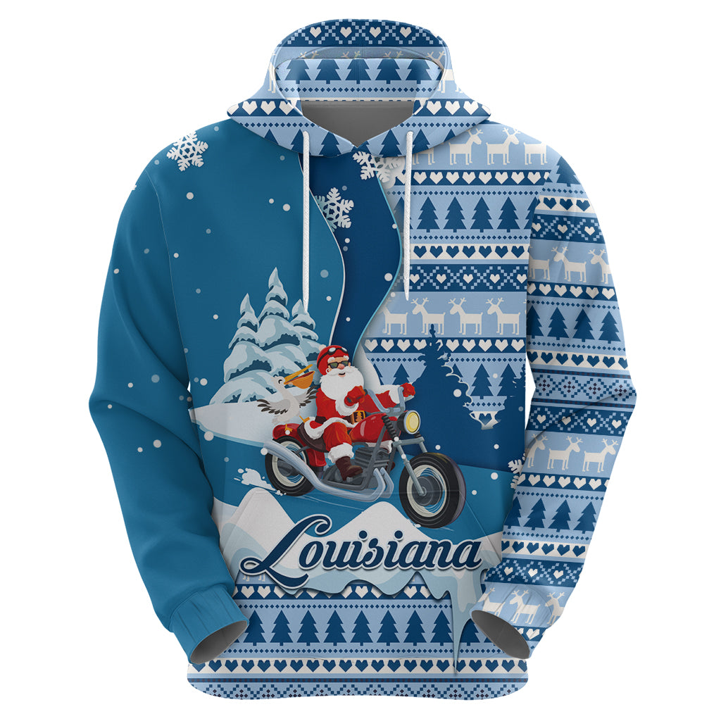 Custom Louisiana Christmas Hoodie Santa Claus Riding Motorcycle With Pelican - Wonder Print Shop