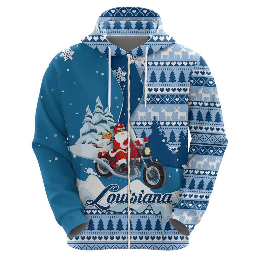 Custom Louisiana Christmas Hoodie Santa Claus Riding Motorcycle With Pelican - Wonder Print Shop