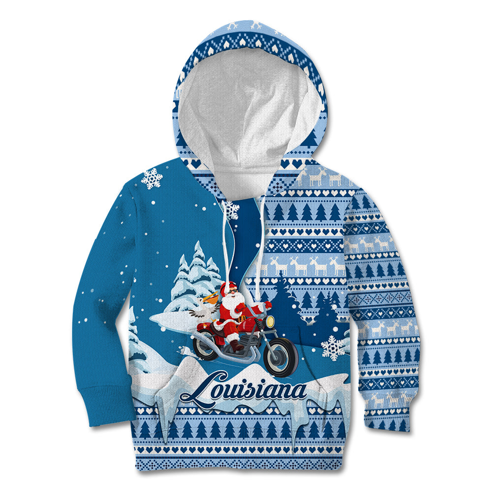 Custom Louisiana Christmas Kid Hoodie Santa Claus Riding Motorcycle With Pelican - Wonder Print Shop
