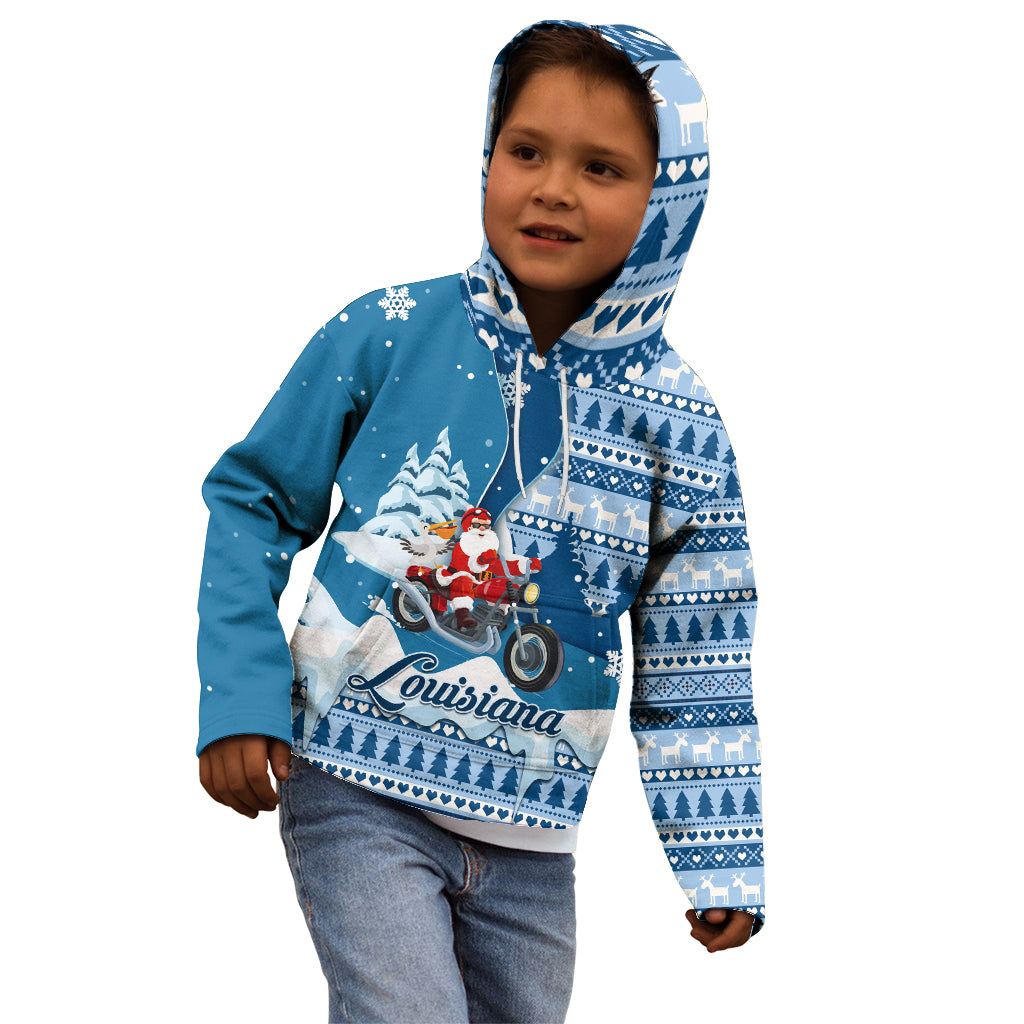 Custom Louisiana Christmas Kid Hoodie Santa Claus Riding Motorcycle With Pelican - Wonder Print Shop