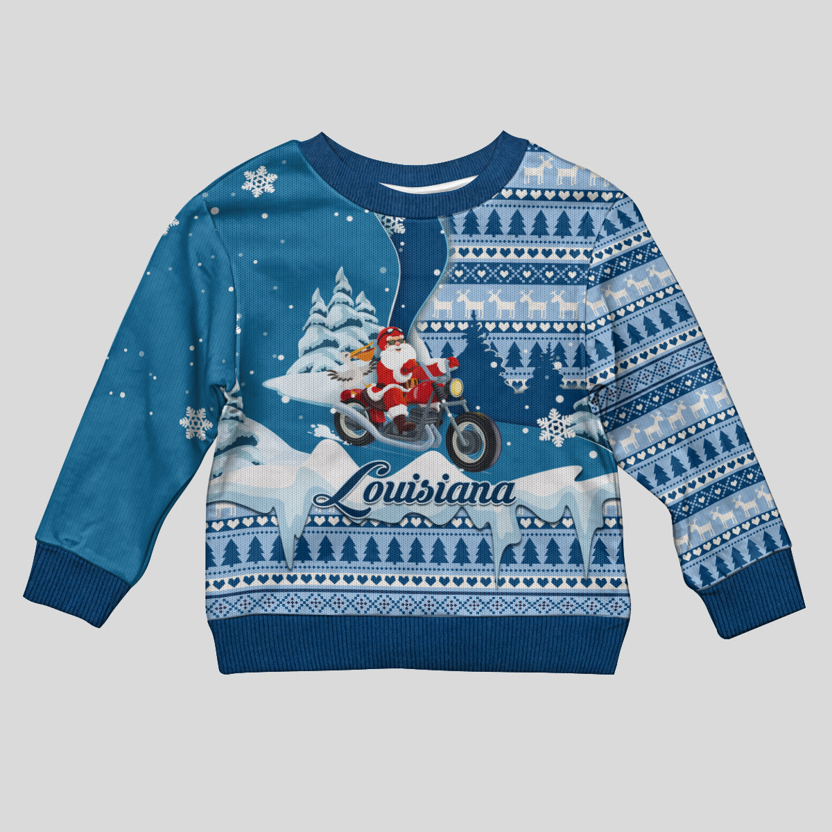 Custom Louisiana Christmas Kid Ugly Christmas Sweater Santa Claus Riding Motorcycle With Pelican - Wonder Print Shop