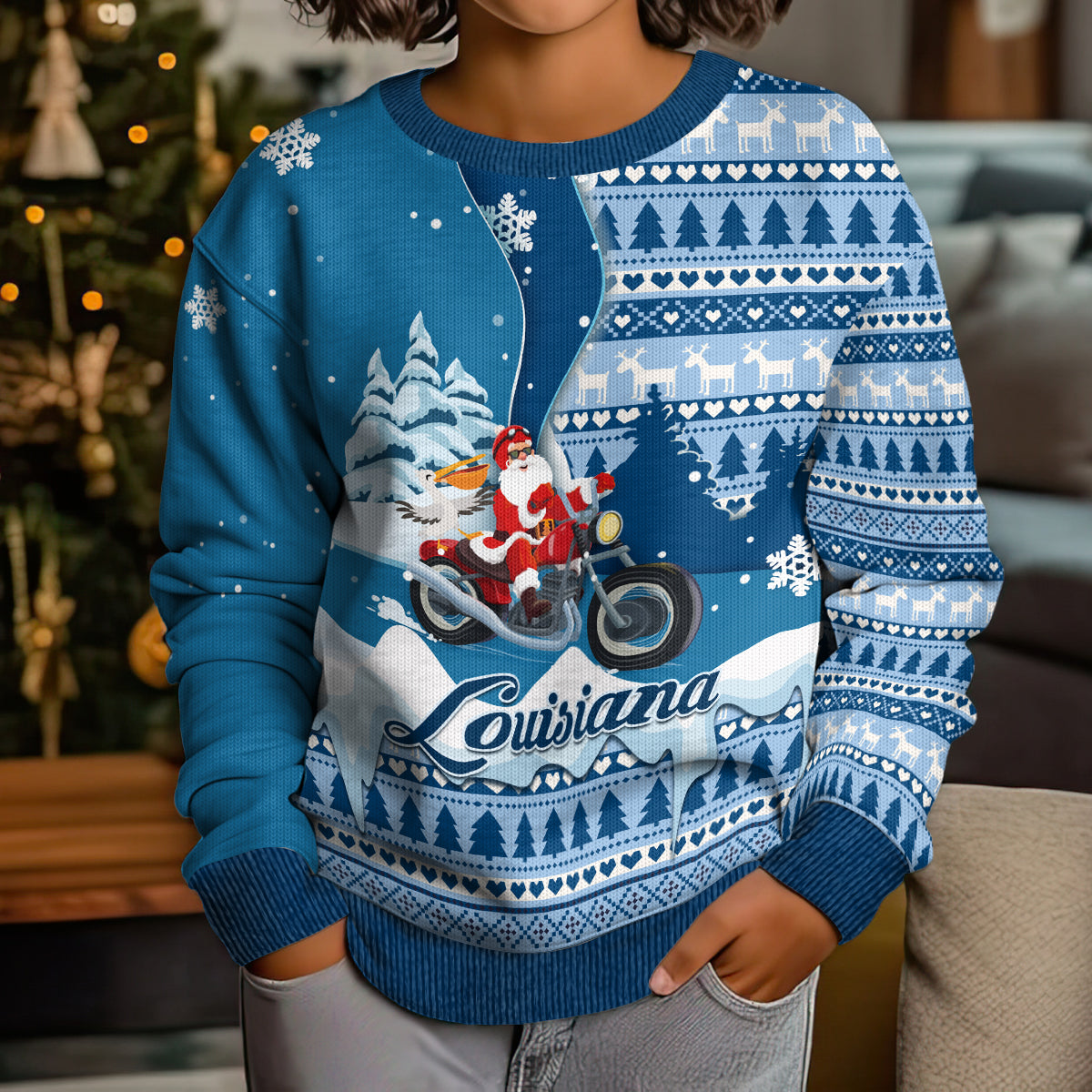 Custom Louisiana Christmas Kid Ugly Christmas Sweater Santa Claus Riding Motorcycle With Pelican - Wonder Print Shop