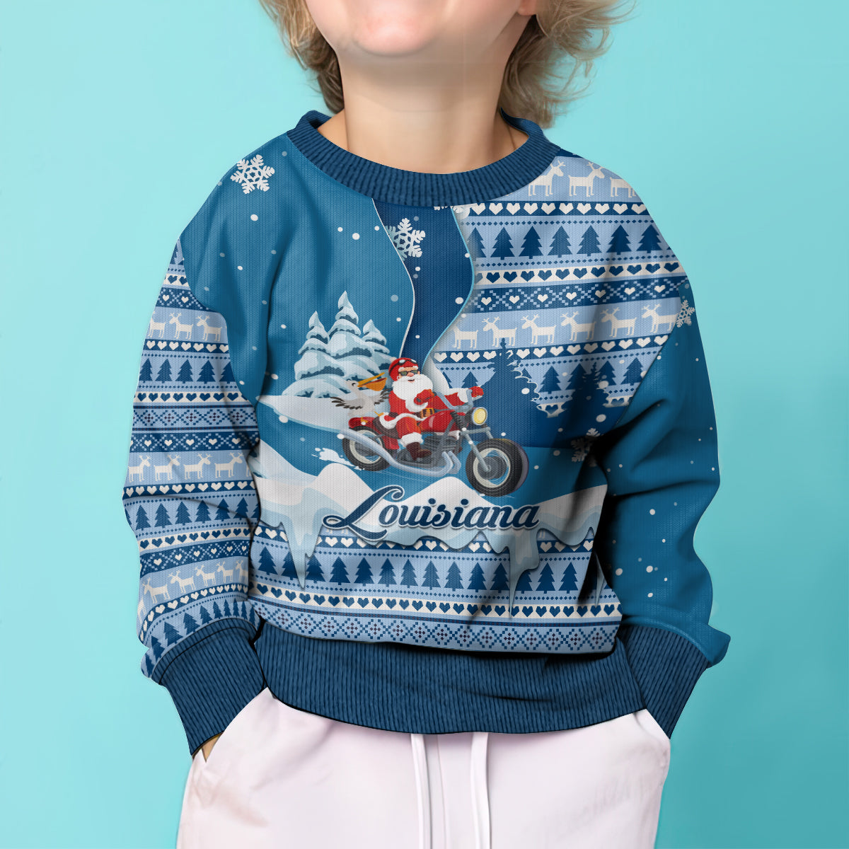 Custom Louisiana Christmas Kid Ugly Christmas Sweater Santa Claus Riding Motorcycle With Pelican - Wonder Print Shop