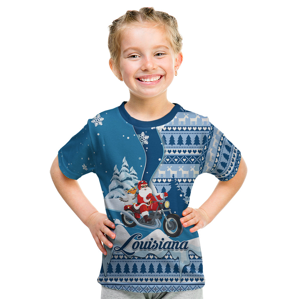Custom Louisiana Christmas Kid T Shirt Santa Claus Riding Motorcycle With Pelican - Wonder Print Shop