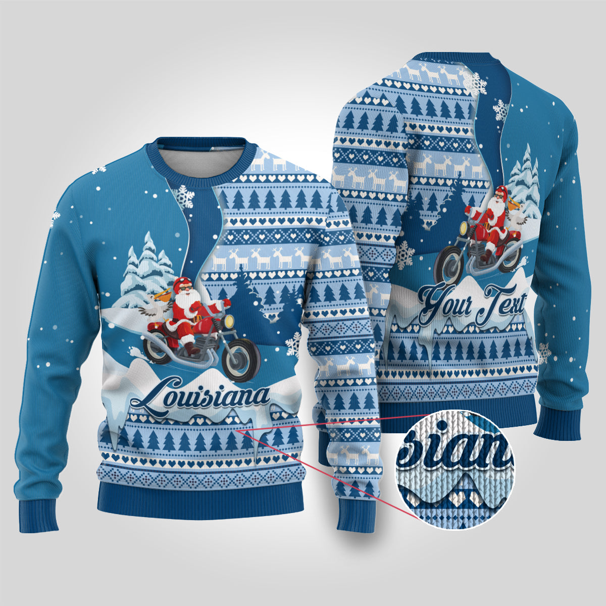 Custom Louisiana Christmas Ugly Christmas Sweater Santa Claus Riding Motorcycle With Pelican - Wonder Print Shop