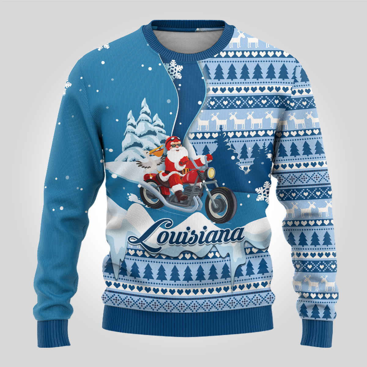 Custom Louisiana Christmas Ugly Christmas Sweater Santa Claus Riding Motorcycle With Pelican - Wonder Print Shop