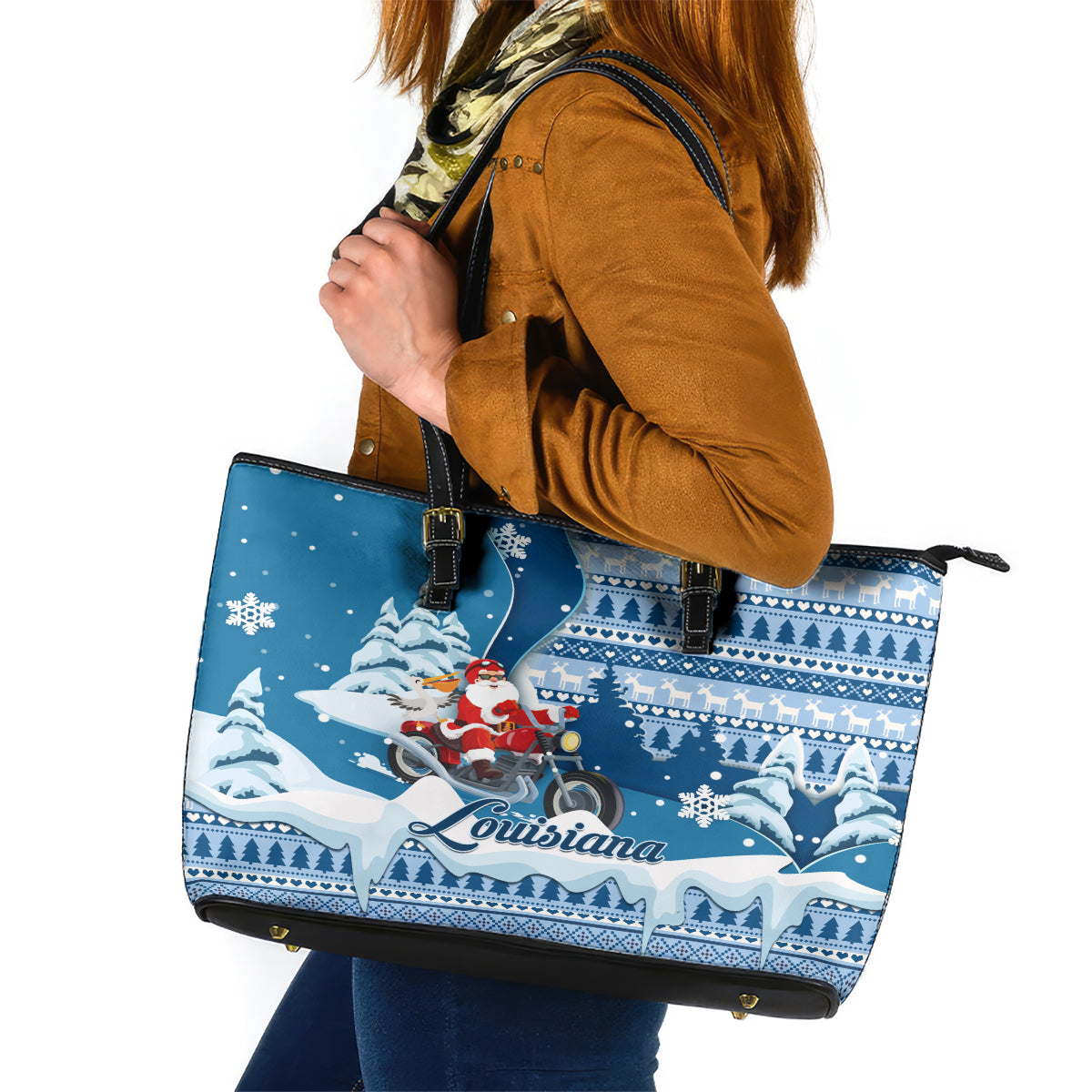 Custom Louisiana Christmas Leather Tote Bag Santa Claus Riding Motorcycle With Pelican - Wonder Print Shop
