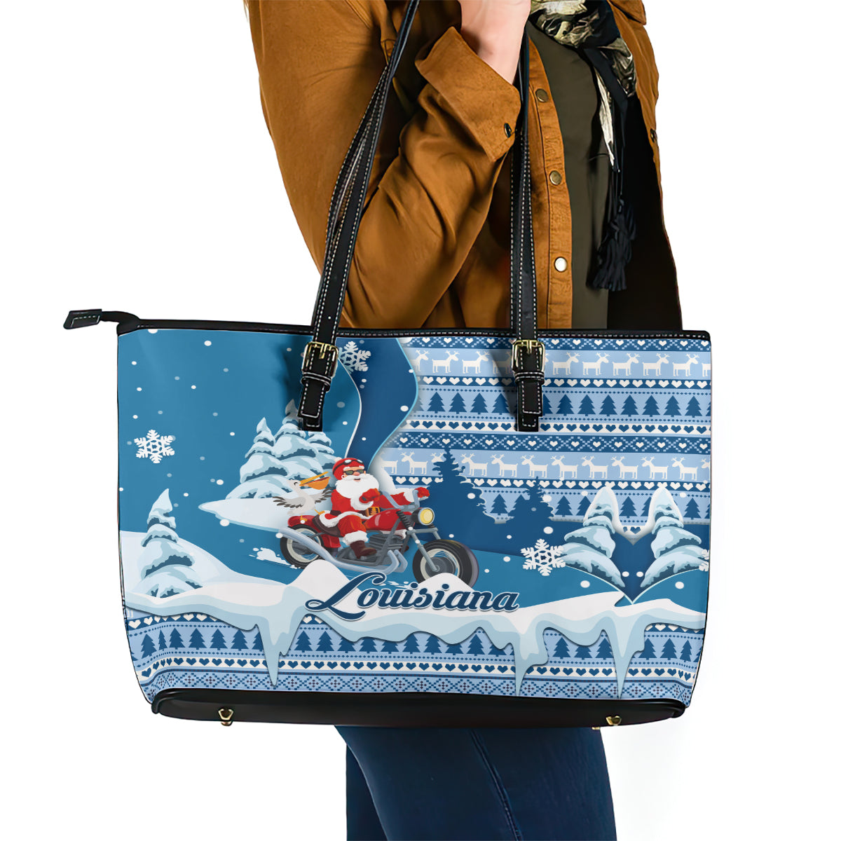Custom Louisiana Christmas Leather Tote Bag Santa Claus Riding Motorcycle With Pelican - Wonder Print Shop