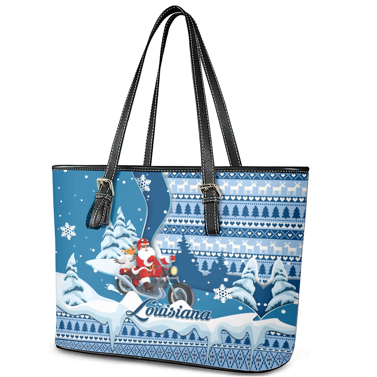 Custom Louisiana Christmas Leather Tote Bag Santa Claus Riding Motorcycle With Pelican - Wonder Print Shop