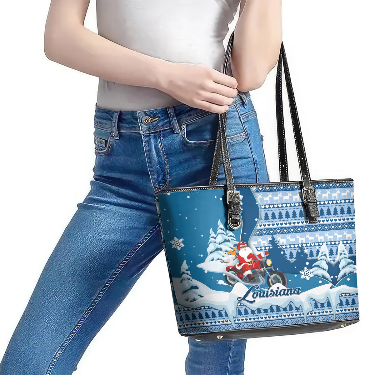 Custom Louisiana Christmas Leather Tote Bag Santa Claus Riding Motorcycle With Pelican - Wonder Print Shop